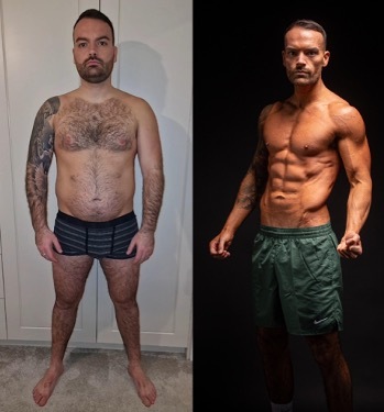 Two full-length photographs of Nathan shown side by side at different points in his life